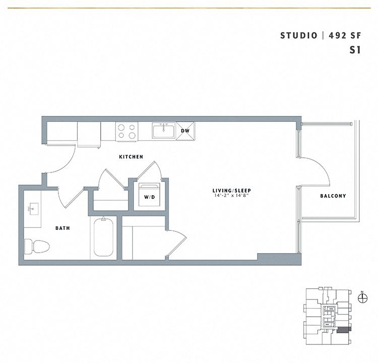 Floor plan for studio, 1 bath, 492 sqft